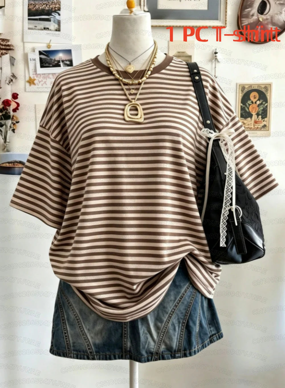 Summer Y2K Striped Print Casual Oversized Round Neck Drop Shoulder Women Short Sleeve T-shirt Street Casual Sports Top