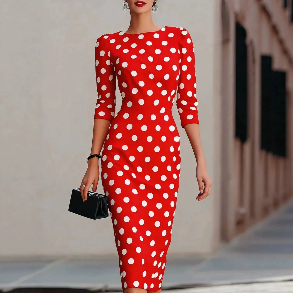 Round Boat Neck Padded Shoulder Three Quarter Sleeve Polka Dot Midi Pencil Dress Elegant Office Party Knee Length Sheath Gown