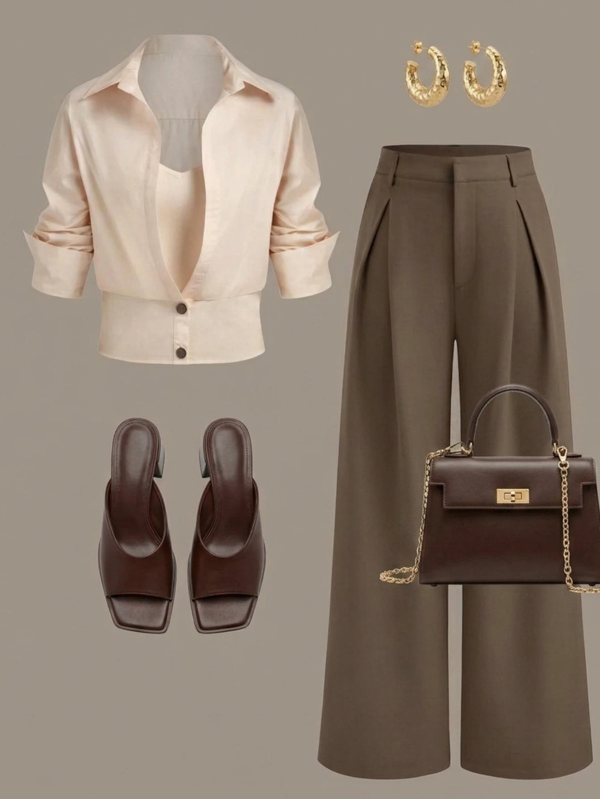 Women Lapel Cropped Button Front Shirt High Waist Wide Leg Trousers Two Piece Outfit Daily Commute Casual Wear