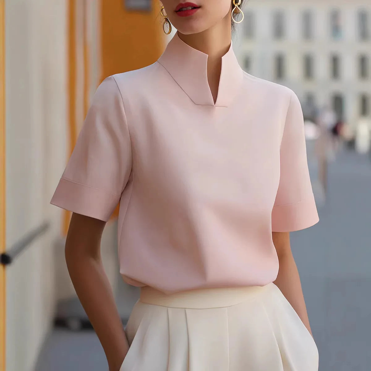 Mandarin Stand Collar Cuffed Short Sleeve Silky Crepe Blouse Women Elegant Office Commuter Shirt