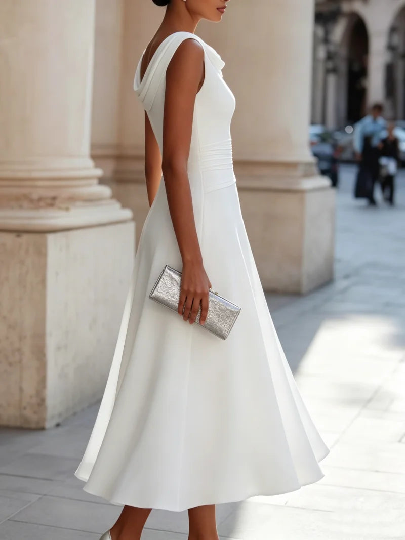 Women's Sleeveless Cowl Neck A Line Chiffon Midi Dress for Cocktail Party and Wedding Guest