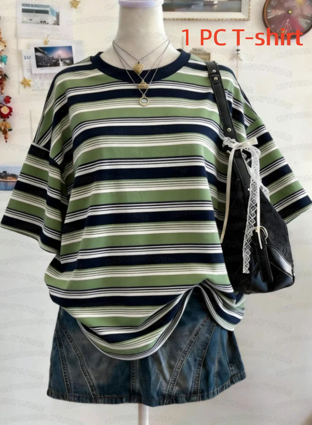 Summer Y2K Striped Print Casual Oversized Round Neck Drop Shoulder Women Short Sleeve T-shirt Street Casual Sports Top