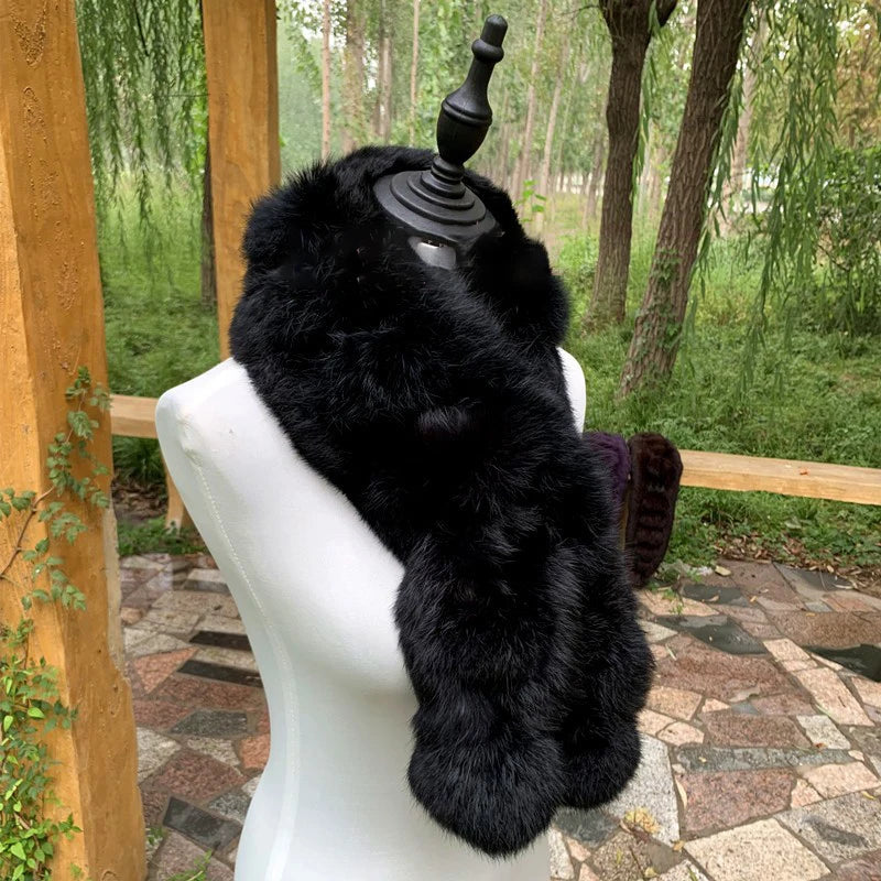 Real Rabbit Fur Scarf Winter Neck Warmer Knitted Furry Fur Collar Ladies Luxury Thick Fur Scarves Plush Real Fur Shawls Solid