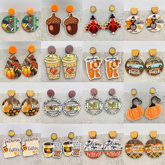 2024 New Autumn Thanksgiving Earrings Turkey Pumpkin Maple Leaf Wooden Earrings Women's Thanksgiving Festival Jewelry