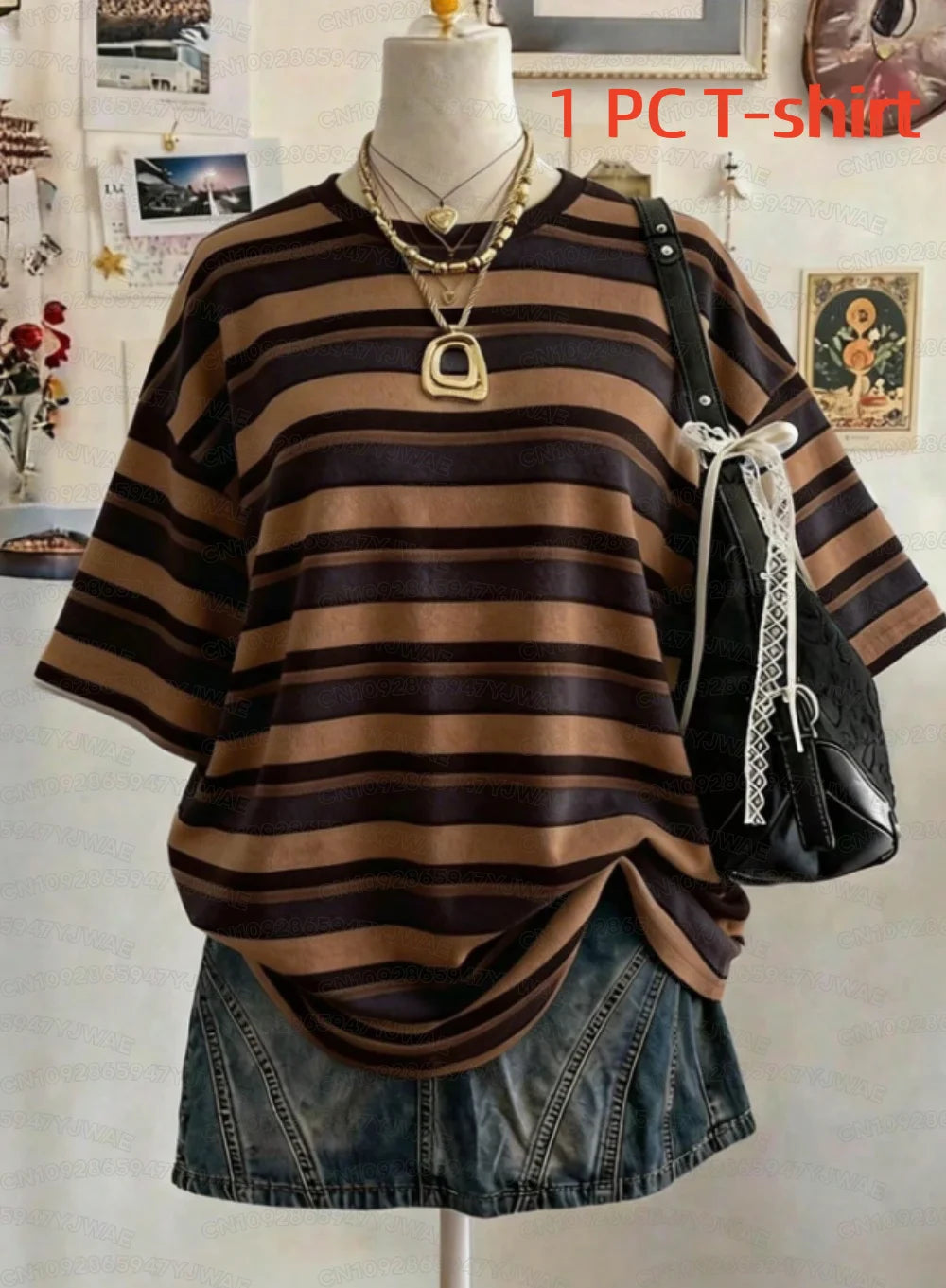 Summer Y2K Striped Print Casual Oversized Round Neck Drop Shoulder Women Short Sleeve T-shirt Street Casual Sports Top