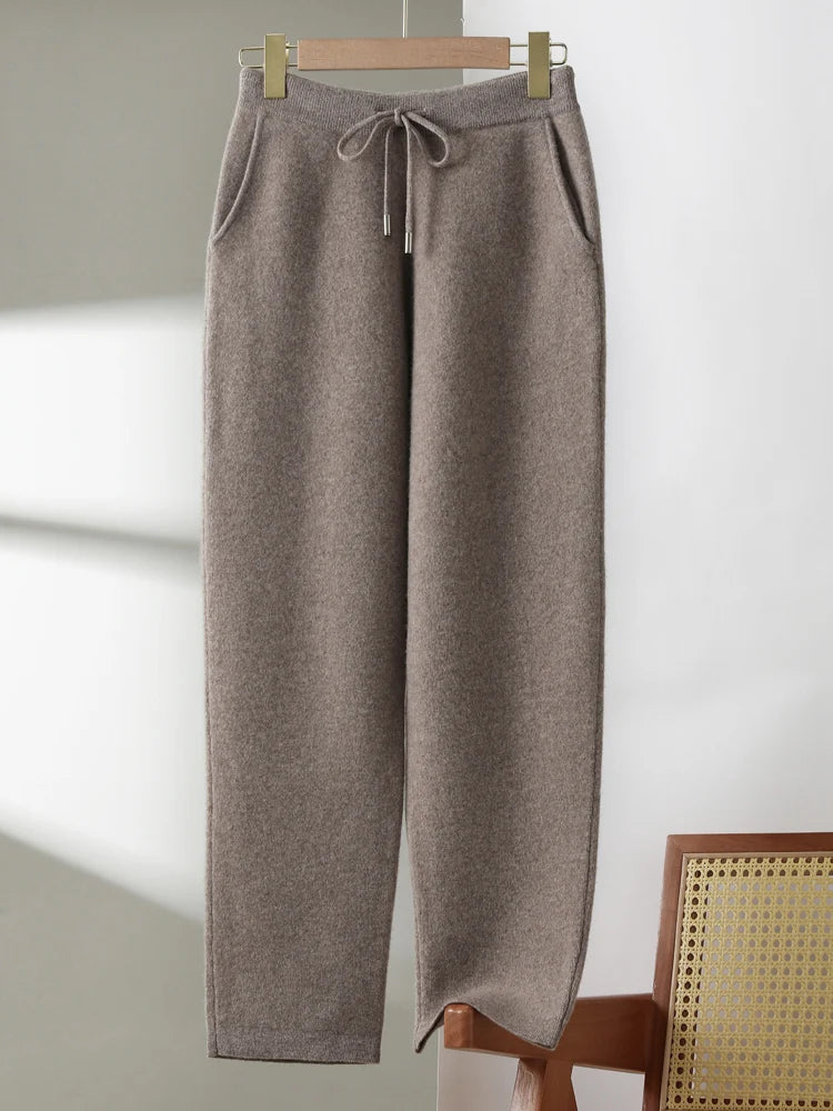 100% Pure Wool Small Leg Pants Kintted Autumn Winter Women's Fashionable Casual Versatile Thick Solid Color Pocket Cashmere Pant