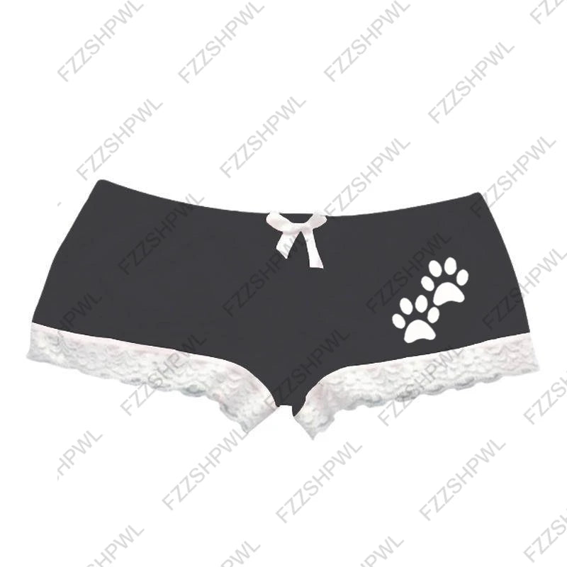 Cat Paw Print Shorts with Bow and Lace Trim