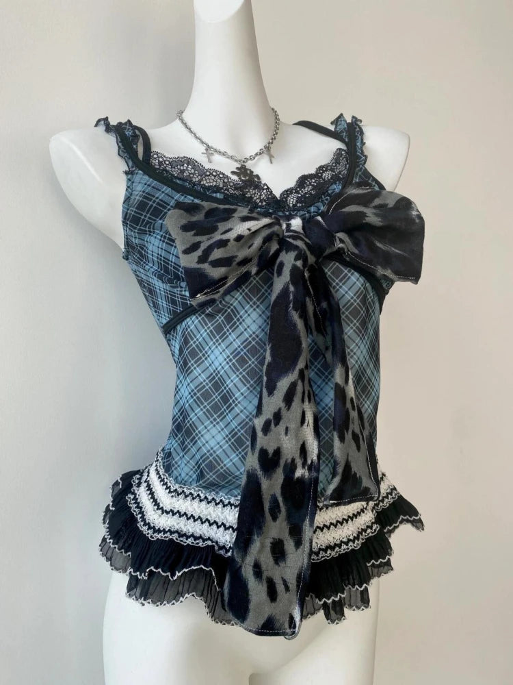 2000s American Vintage Sexy Leopard Camis Y2k Harajuku Slim Lace Patchwork Tanks Summer Streetwear Beach Party Sleeveless Tops