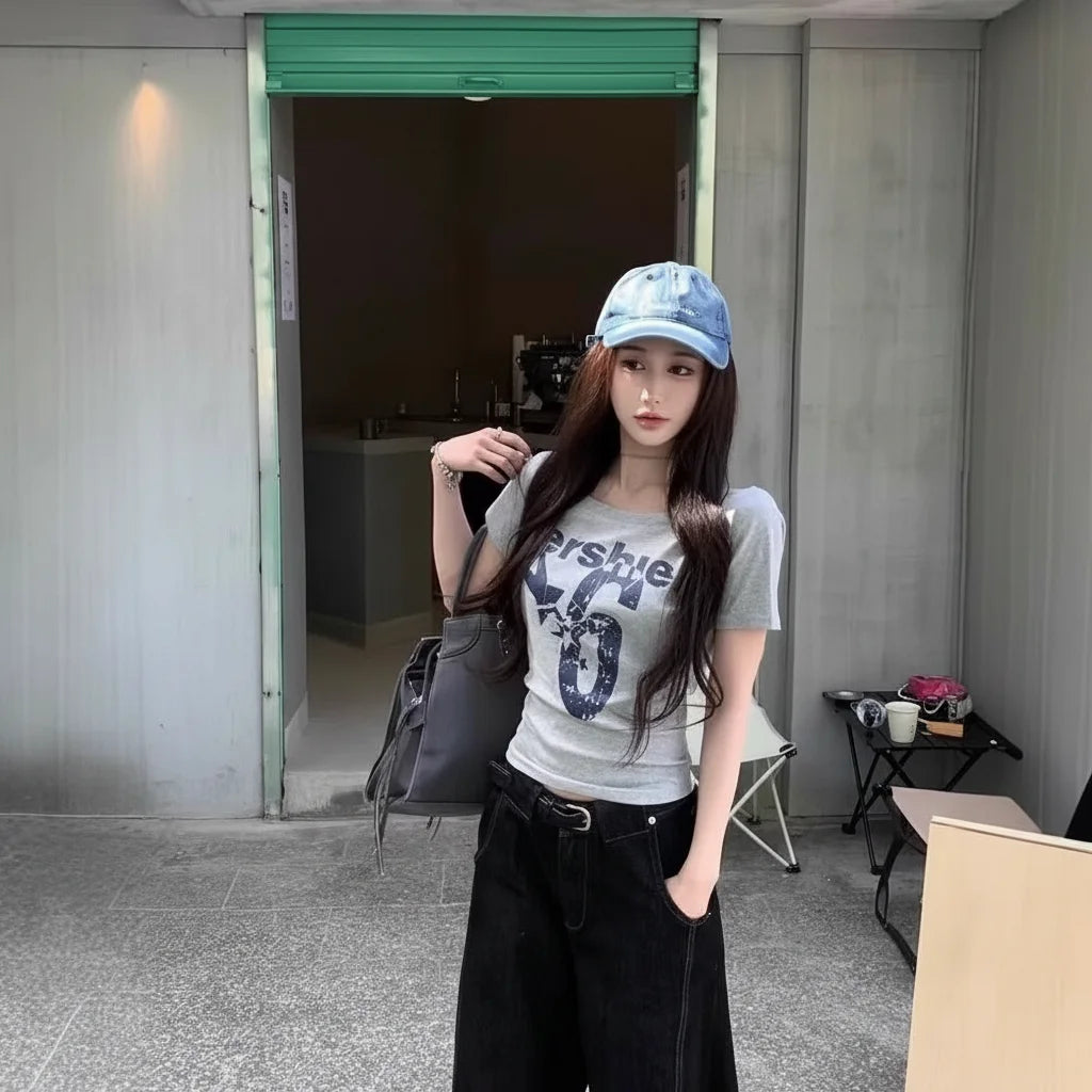 Fashion Y2k Off Shoulder Top Skew Collar Body Basic Crop Top Letter Print Basic Crop Top Vintage Style