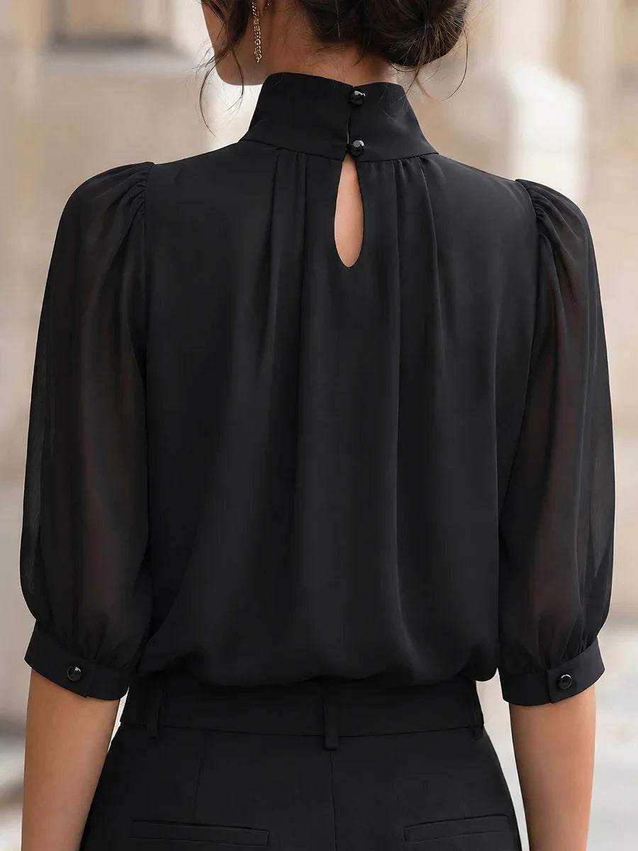 High Neck Puff Half Sleeve Chiffon Blouse Pleated Front Elegant Office Work Shirts Women Loose