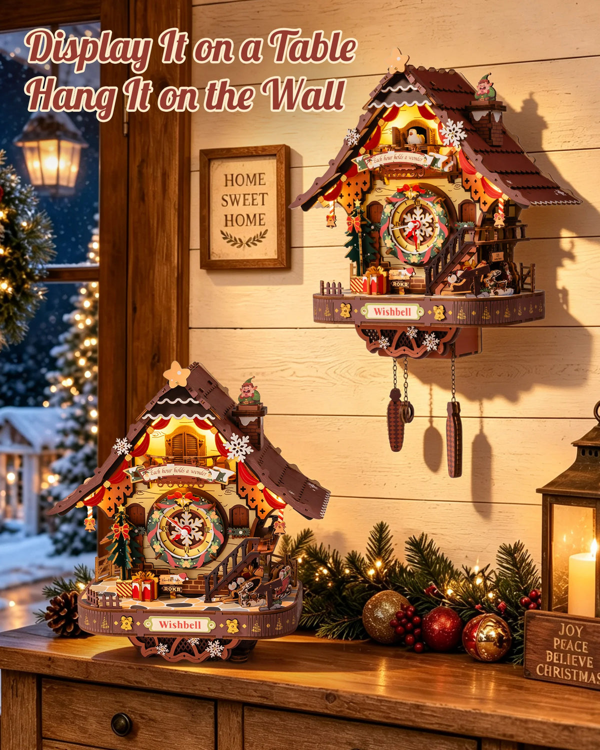 ROKR Wooden 3D Puzzle Toys - Christmas Cuckoo Clock Mechanical Model Building Kit 293PCS DIY Brain Teasers Toys for Wall Decor Holiday Gift for Adults Teens