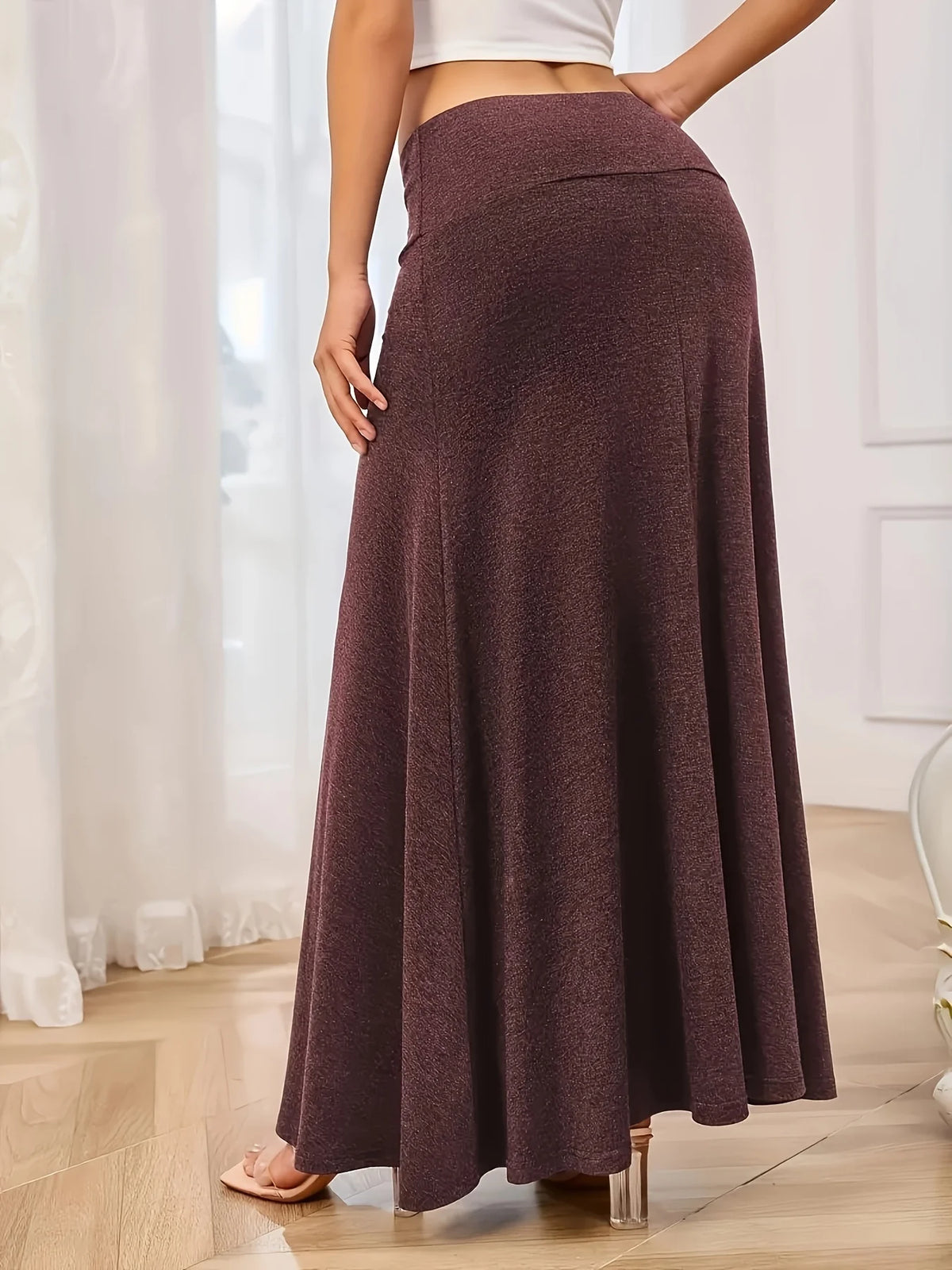 Plus Size Elastic Knitted High Waist Skirt 1XL-5XL Solid Slimming Flared Maxi Skirt Versatile Daily Wear