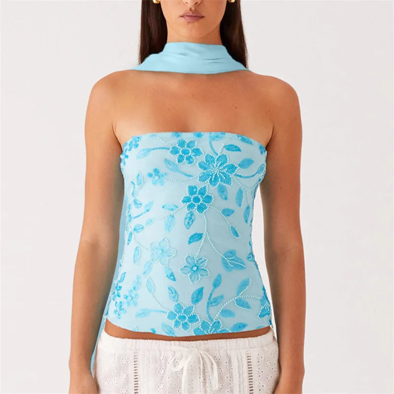 hirigin Women Y2K Sequin Tube Top with Scarf Sexy Backless Pearl Embellished Beaded Cami Bling Glitter Rhinestone Camisole