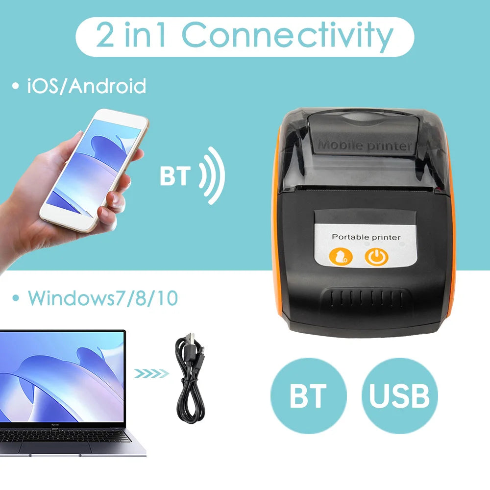 Receipt Printer 58mm Mini Thermal Printing Wireless BT USB Mobile Printer with 2 Inch Thermal Paper Roll for Android/iOS/Windows