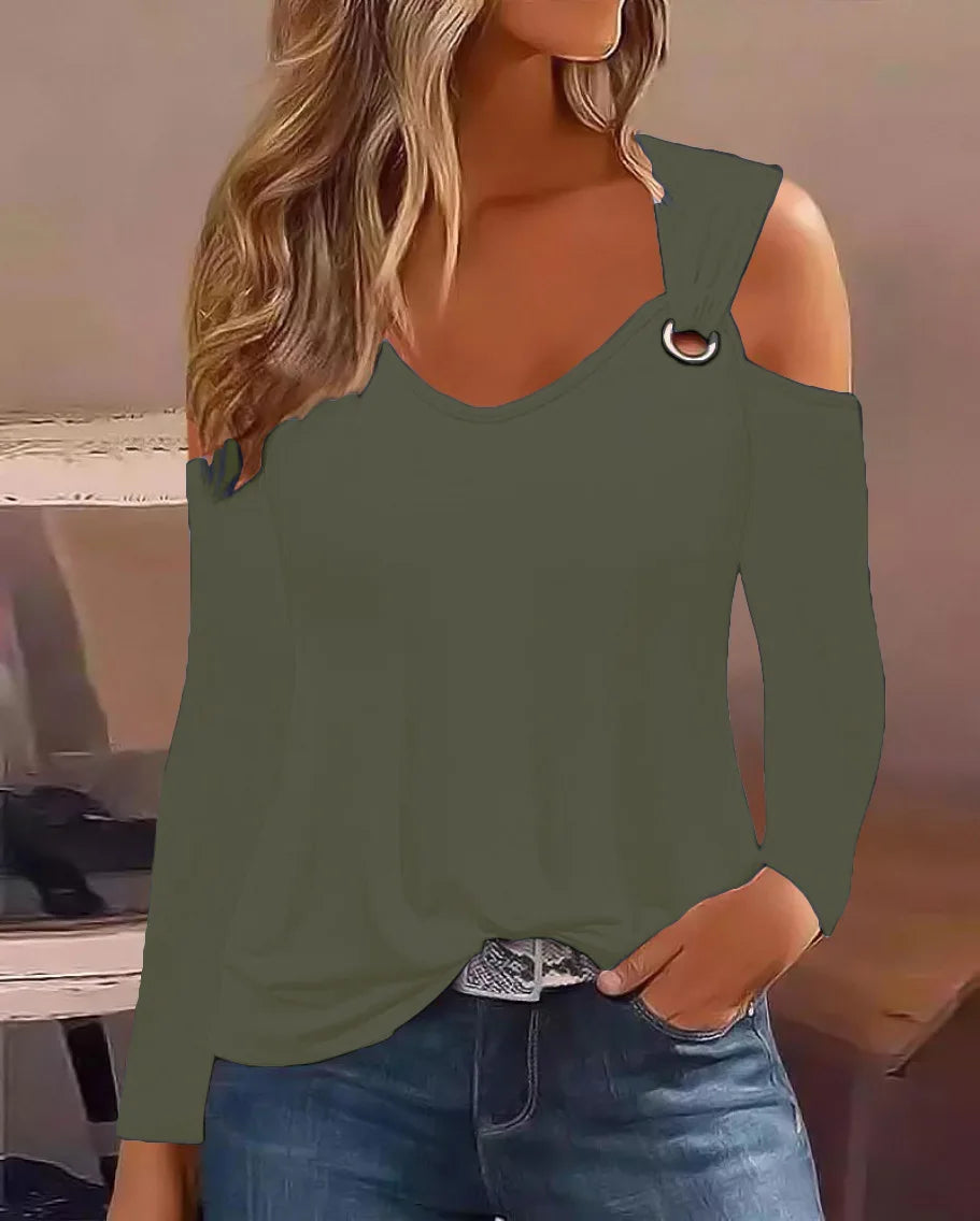 Women's Cold Shoulder Striped T Shirt Long Sleeve V Neck Casual Top Fashion Streetwear Chic Outfit
