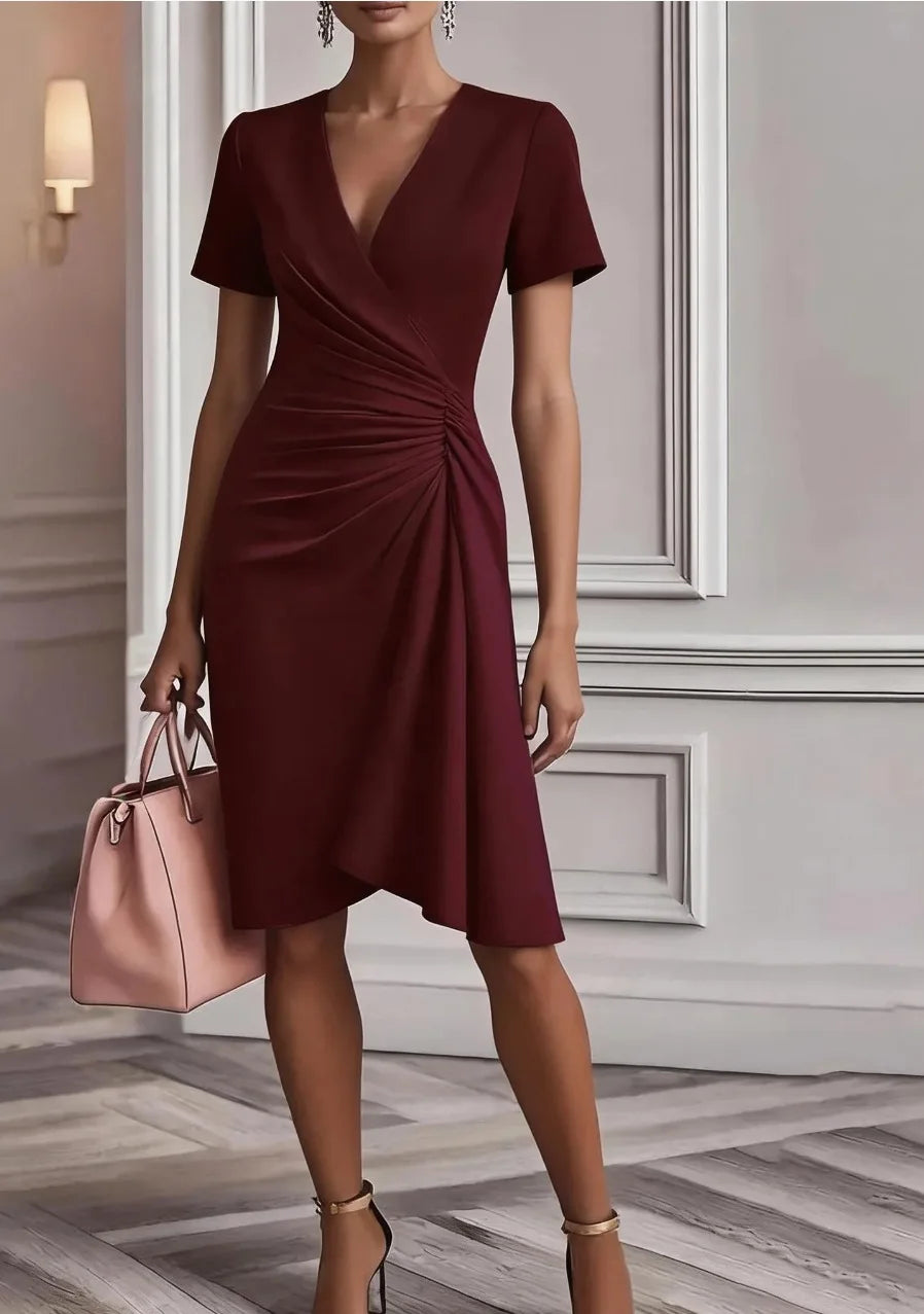 V neck Short Sleeve Midsection Twist Ruched Draped Asymmetrical Hem Midi Dress