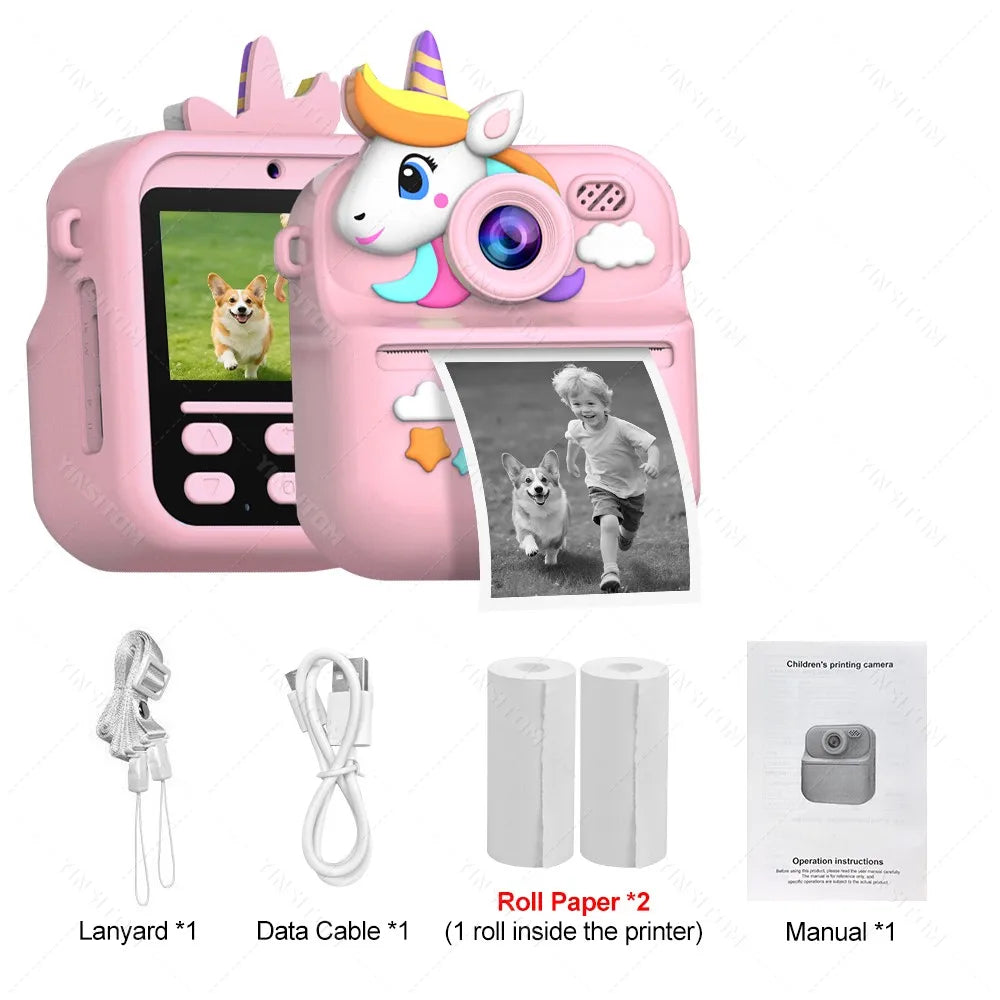 57mm Mini Thermal Printer Children Digital Photography Print Instant Camera 1080PHD Dual Lens Kids Video Recorder for Girls Boys
