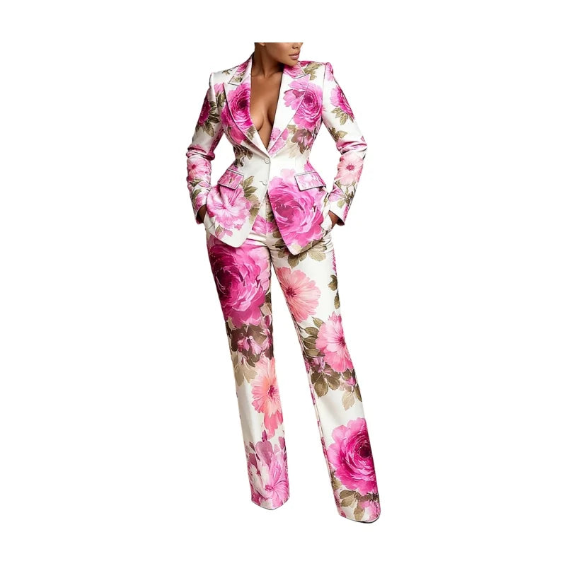 Women's Notched Lapel Long Sleeve Printed Blazer Flare Long Pants Set For Business Event Banquet Formal Fashion Occasions