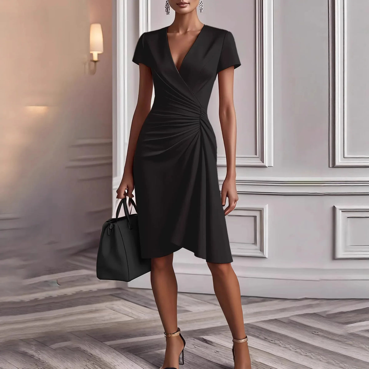 V neck Short Sleeve Midsection Twist Ruched Draped Asymmetrical Hem Midi Dress