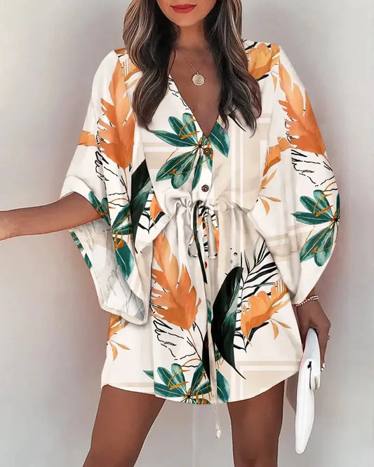 Floral Print Batwing Sleeve Dress with Ruffle Hem