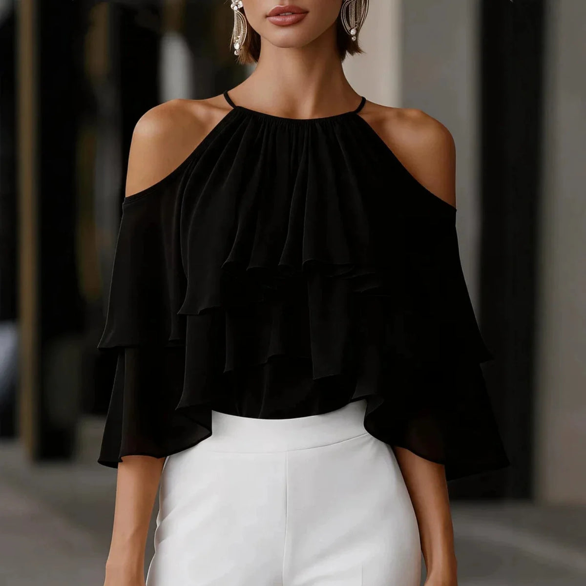 Women Cold Shoulder Halter Blouse Ruffle Layered Chiffon Tops Casual Party Shirts