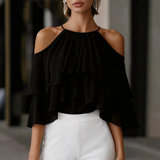 Women Cold Shoulder Halter Blouse Ruffle Layered Chiffon Tops Casual Party Shirts
