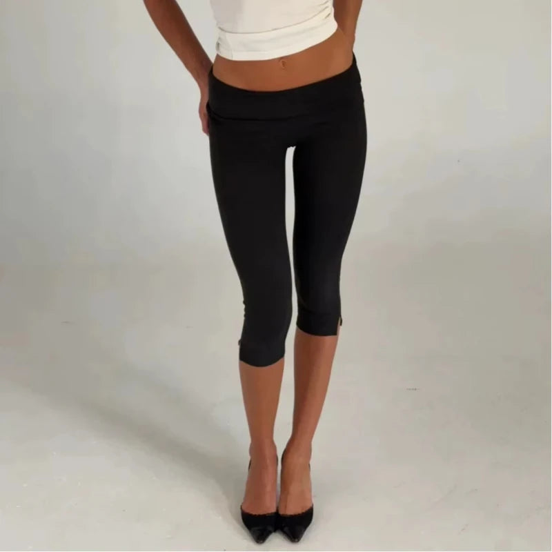 Individuality Low Rise Split Hem Length Skinny Pants Women Solid Fold Over Capri Leggings Casual Summer Streetwear Yoga Pants