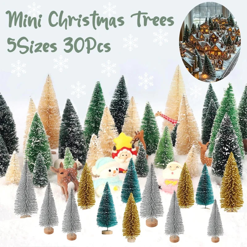 30Pcs Mini Christmas Trees Christmas Decorations Snow Frost Tree With Wooden Base For Table Decor Christmas Village (5 Sizes)