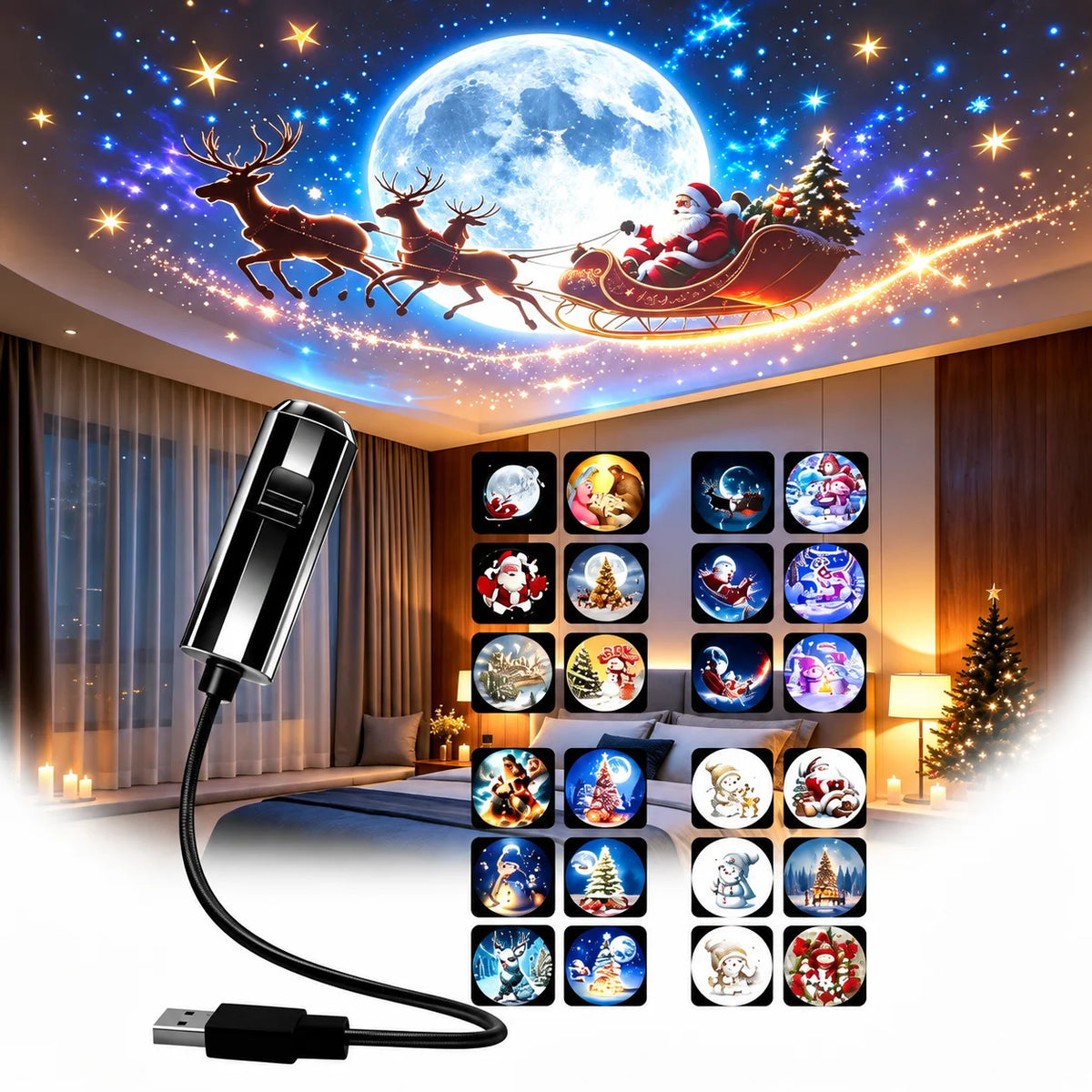 Christmas Projector Light 4/6/10PC Pattern Adjustable USB Projector Night Light for Halloween Atmosphere Lamp Room Ceiling Decor