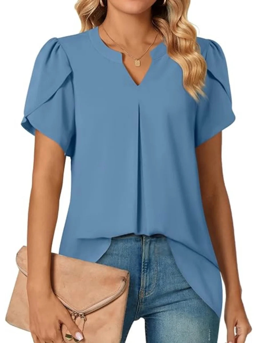 Women's Short Sleeve Chiffon Blouse V Neck Ruffle Sleeve Loose Fit Casual Top for Summer Office Wear