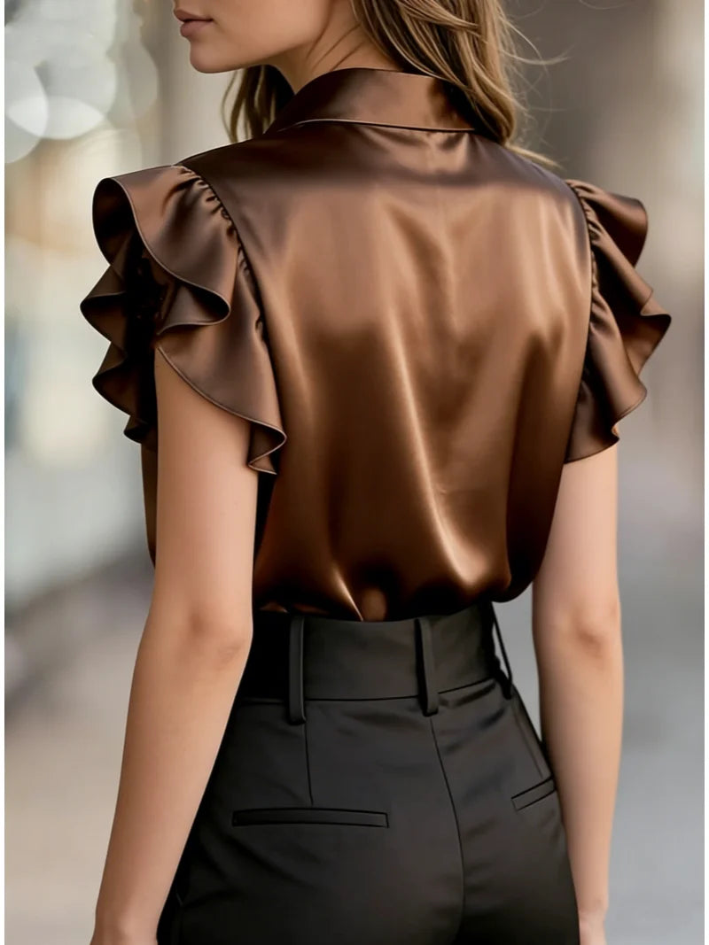Women's Short Sleeve Ruffle Trim Satin Blouse Button Down Shirt