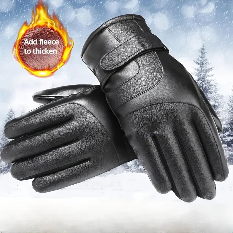 Winter New Leather Motorcycle Gloves Black Thick Velvet Cold Resistant Gloves For Cycling Motorcycle Outdoor Windproof Mittens