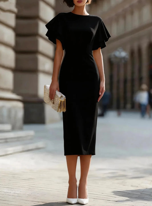 Women's Elegant Ruffle Sleeve Bodycon Midi Dress with Round Neck and Fitted Silhouette