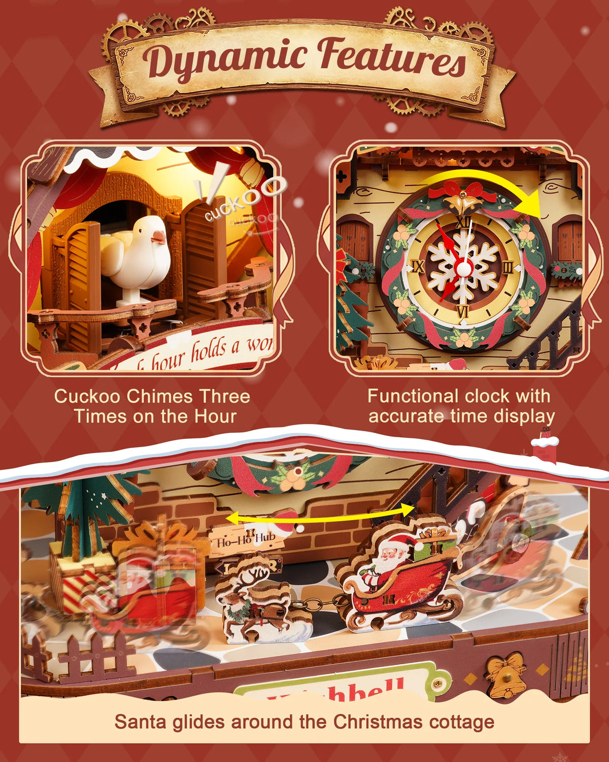 ROKR Wooden 3D Puzzle Toys - Christmas Cuckoo Clock Mechanical Model Building Kit 293PCS DIY Brain Teasers Toys for Wall Decor Holiday Gift for Adults Teens