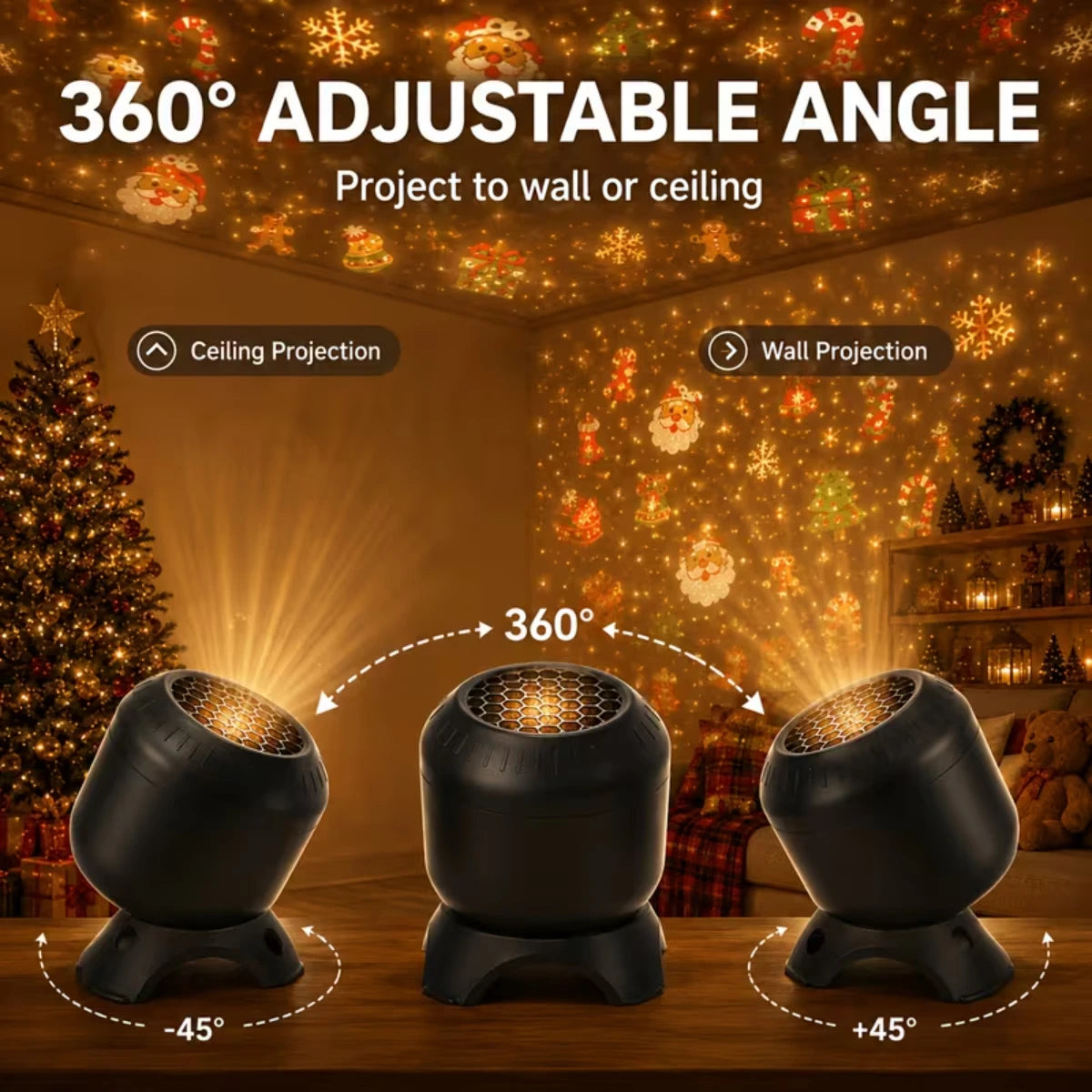 LED Christmas HD Projector USB Powered 8 Patterns 360° Rotating Dynamic Projector Night Light for Bedroom Holiday Party Decor