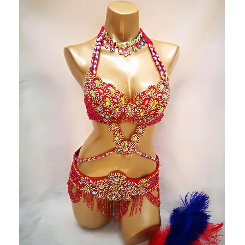 Beaded Crystal Belly Dance Costume, 3 Piece Set