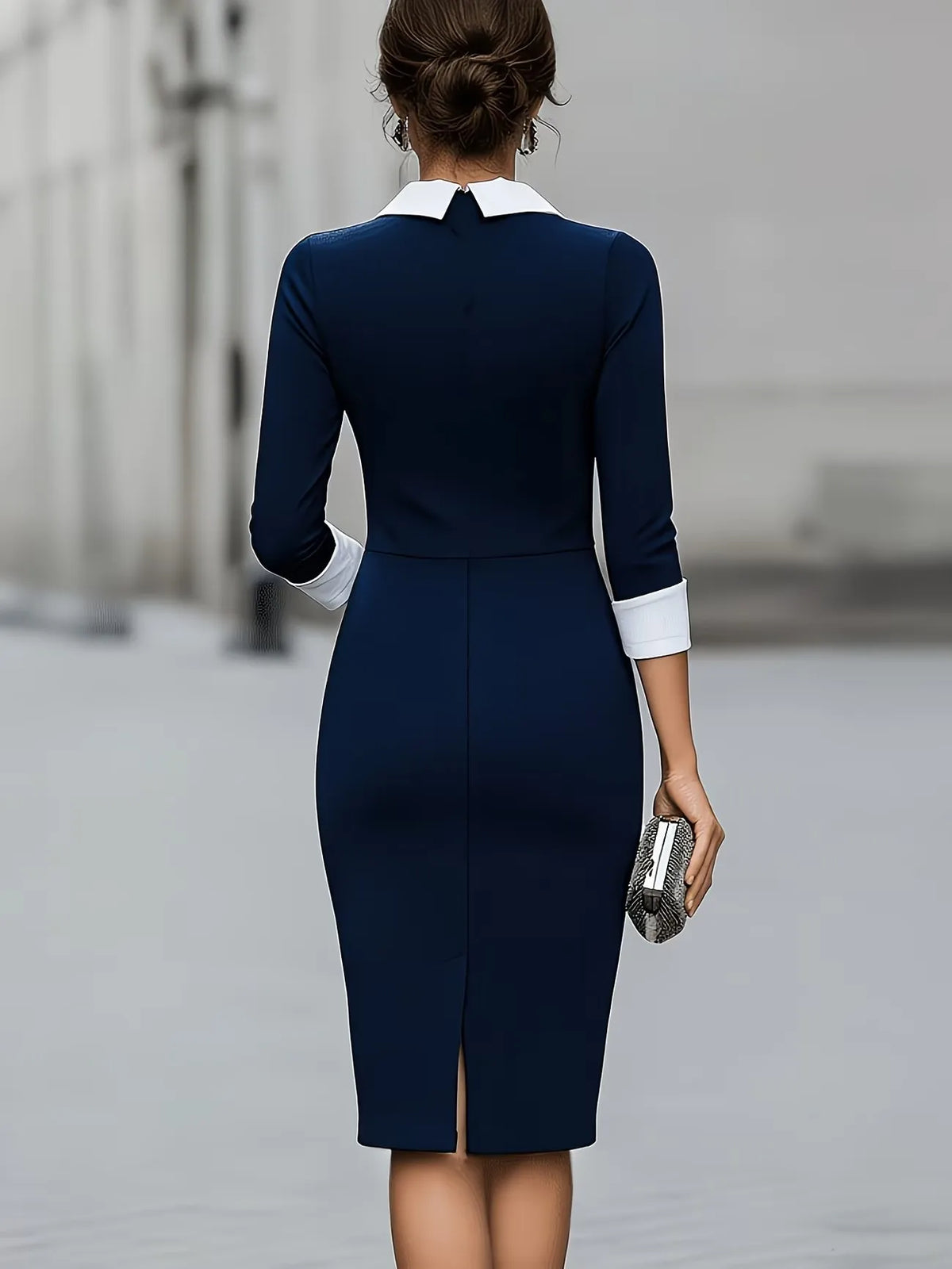 Women V Neck Three Quarter Sleeve Contrast Collar Bodycon Dress Elegant Office Lady Pencil Skirt for Work