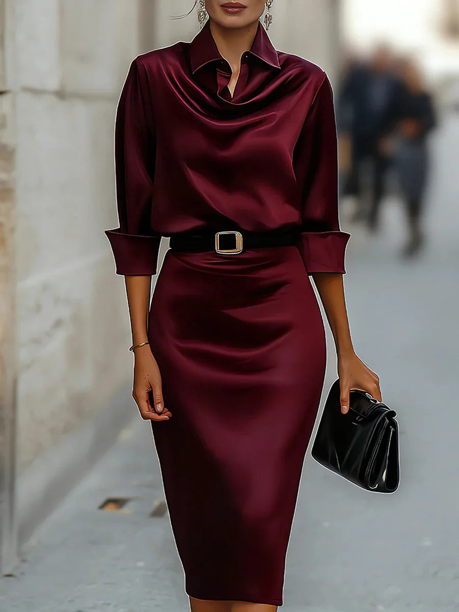 Elegant Satin Shirt Dress Women Long Sleeve V Neck Slim Fit Office Lady Workwear Belted Midi Gown