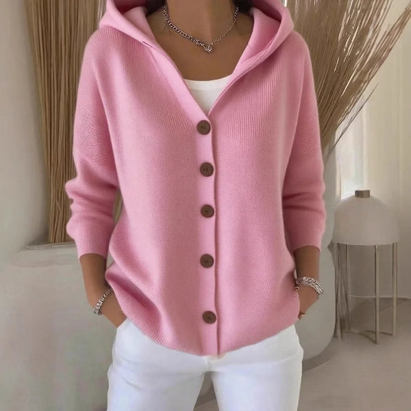 2025 Autumn Women's Long Sleeve Sweater Button Cardigan Hooded Pink