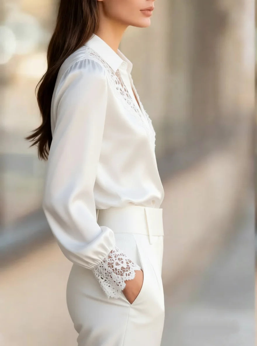 Elegant White Lace-Trimmed Satin Blouse - Sophisticated Women's Fashion Top