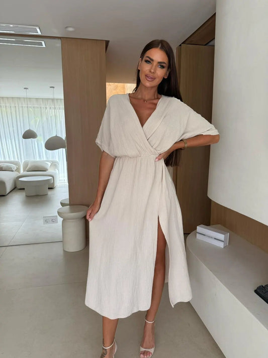 Women V Neck Short Sleeve Ruched Waist High Slit Midi Dress Elegant Summer Casual Beach Holiday Flowy Maxi Dress