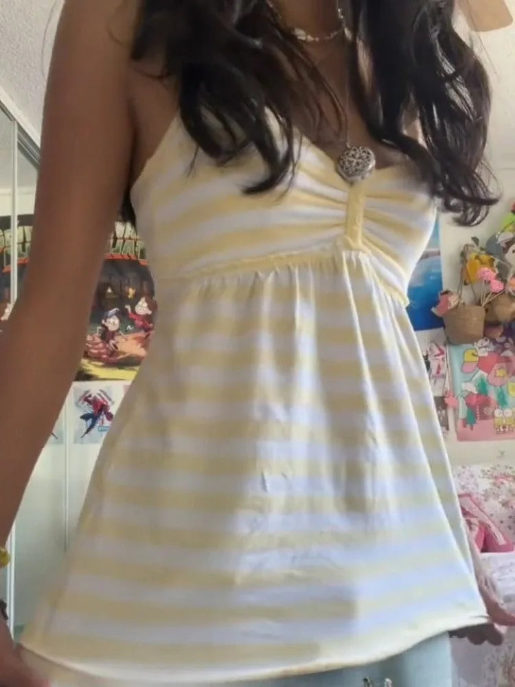 Japanese Sweet Vest Women Clothing Vintage Striped Sleeveless Tees Fashion Summer Camis Ruffles Slim Fit Vintage Tank Ropa Mujer