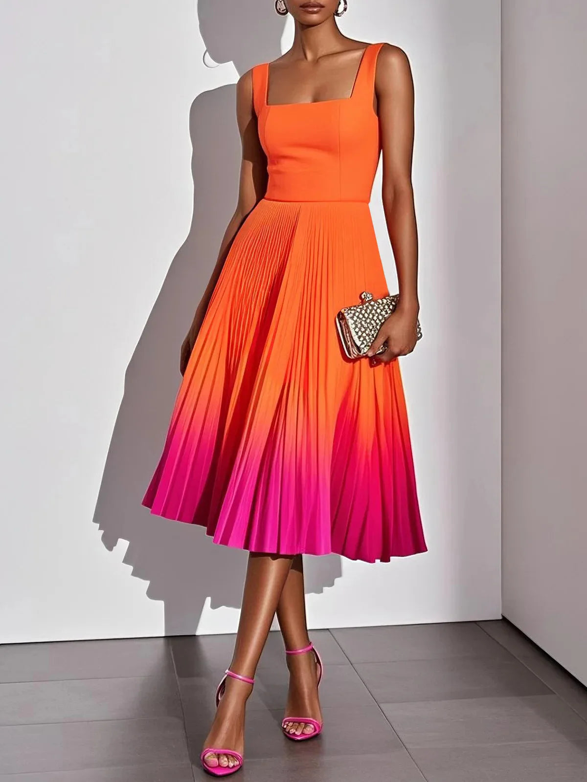 Square Neck Ombre Pleated Midi Dress