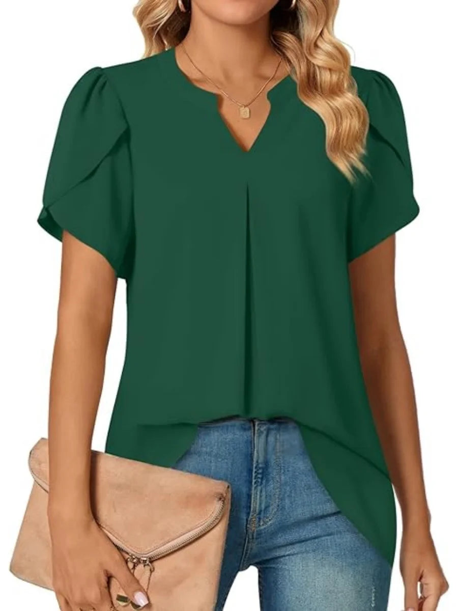 Women's Short Sleeve Chiffon Blouse V Neck Ruffle Sleeve Loose Fit Casual Top for Summer Office Wear