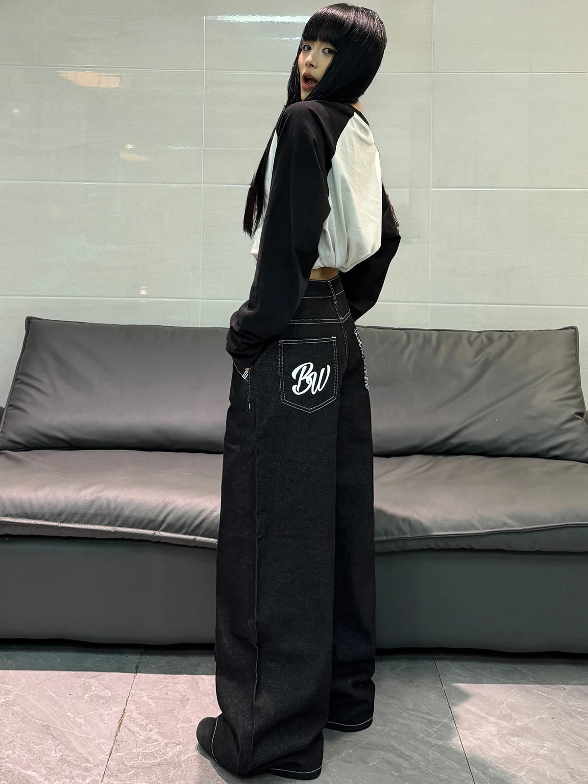 Cartoon Print Wide Leg Jeans in Black