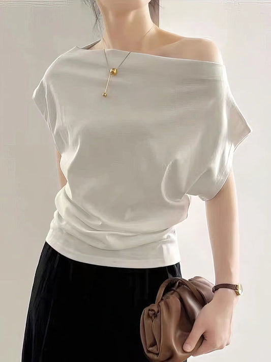 Korean Elegant Summer Off shoulder Top Women One shoulder Loose Casual Short sleeve T shirt Fashion Basic Blouse Lady Spring Sum