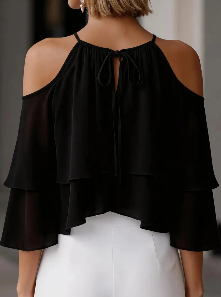 Women Cold Shoulder Halter Blouse Ruffle Layered Chiffon Tops Casual Party Shirts