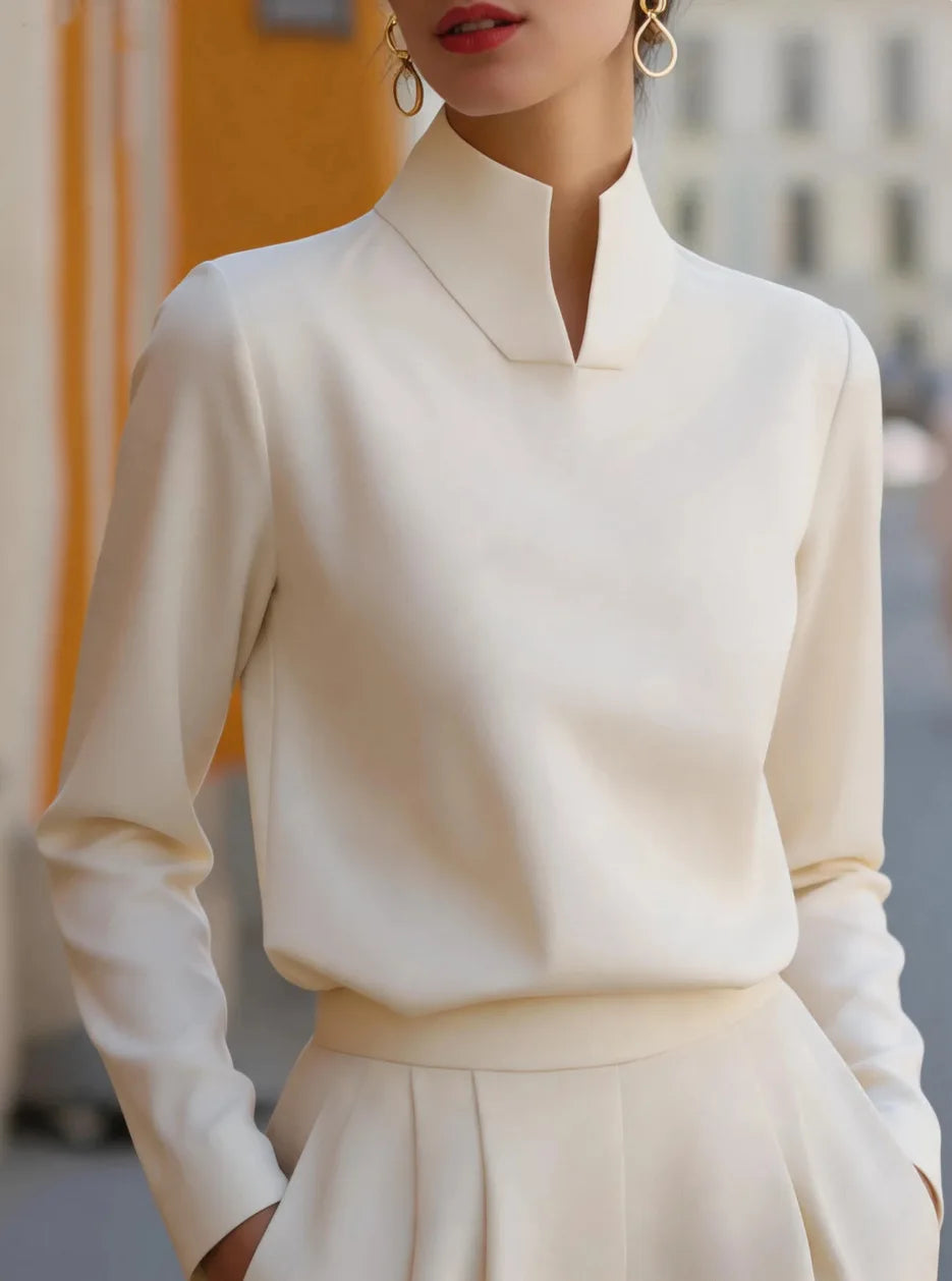 Women Split Stand Collar Long Sleeve Solid Blouse Loose Fit Elegant Formal Business Office Commuter Minimalist Top