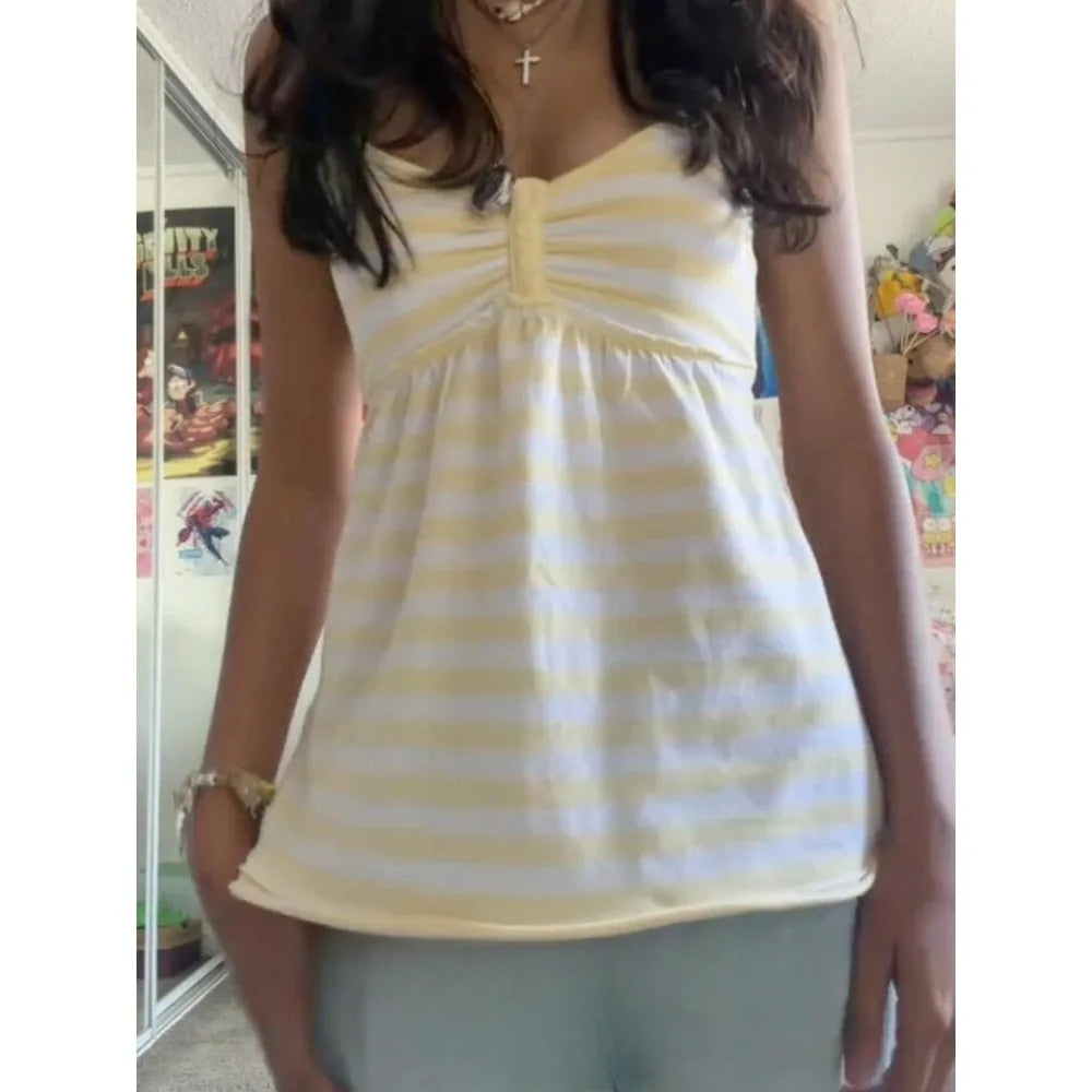 Japanese Sweet Vest Women Clothing Vintage Striped Sleeveless Tees Fashion Summer Camis Ruffles Slim Fit Vintage Tank Ropa Mujer