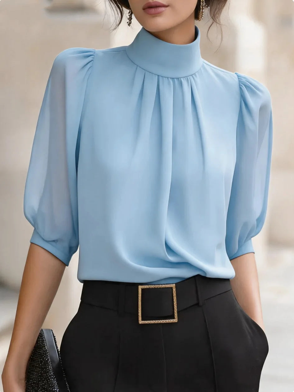 High Neck Puff Half Sleeve Chiffon Blouse Pleated Front Elegant Office Work Shirts Women Loose